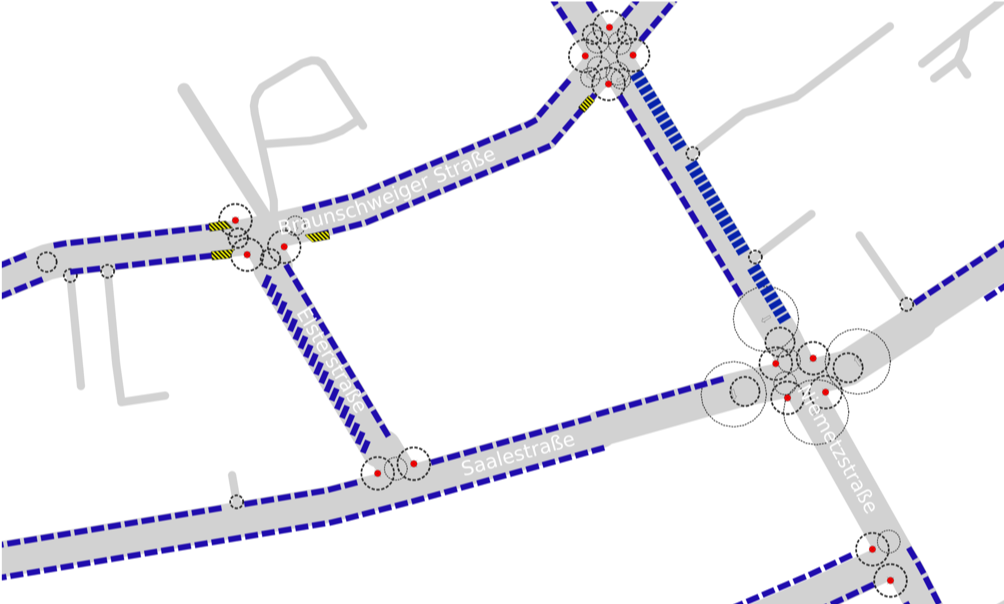 Parking map (OSM) with debugging circles to show different cutoff areas.